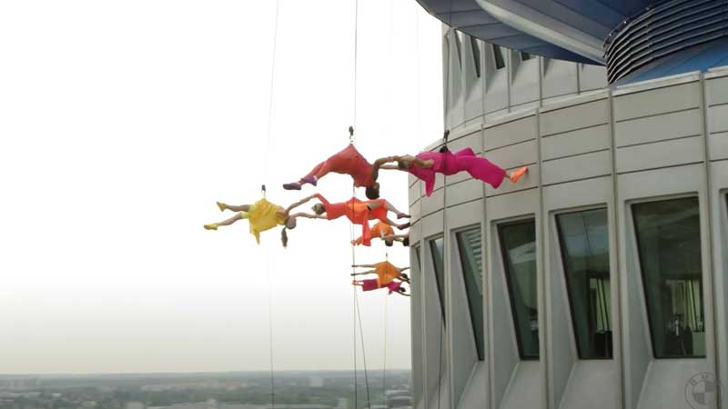 The BMW Headquarters Celebrates Its 50Th Birthday. Spectacular Performance By US Vertical Dancers BANDALOOP